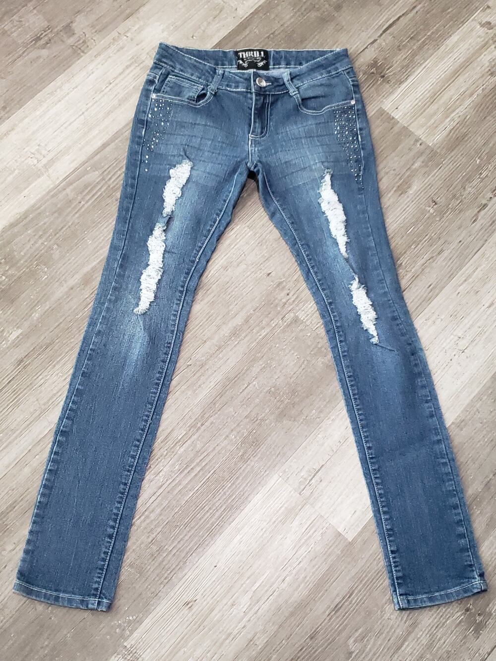 Thrill Light Washed Distressed Rhinestone Straight Leg Denim Blue Jeans